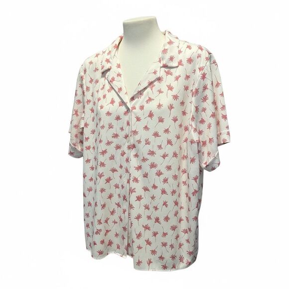Vintage Women’s White with Pink Palm Tree Print Short Sleeve Button Up Blouse XL - Picture 1 of 4
